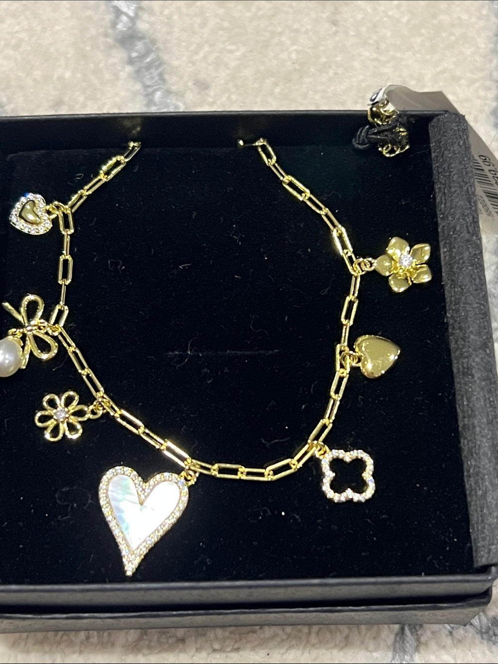MOTHER OF PEARL Gold Charm Necklace with Heart and Floral Accents NWT